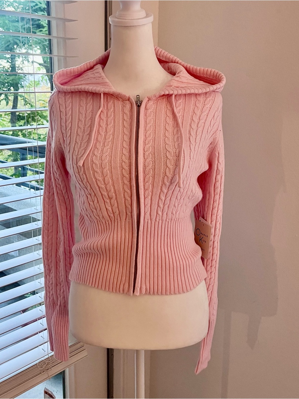 Pink Cable-Knit Zip Hoodie Sweater - Women's